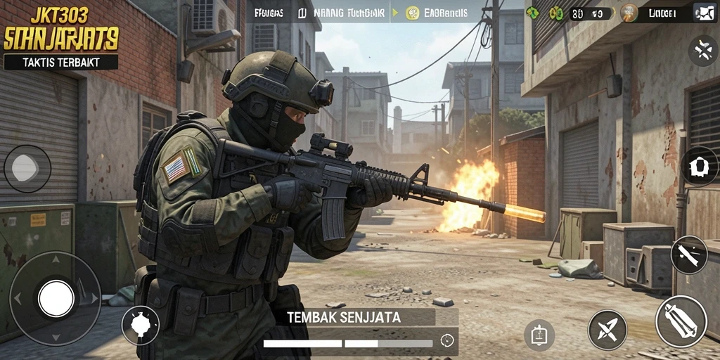 Tampilan antarmuka utama JKT303 dengan aksi tembak-menembak yang seru.
