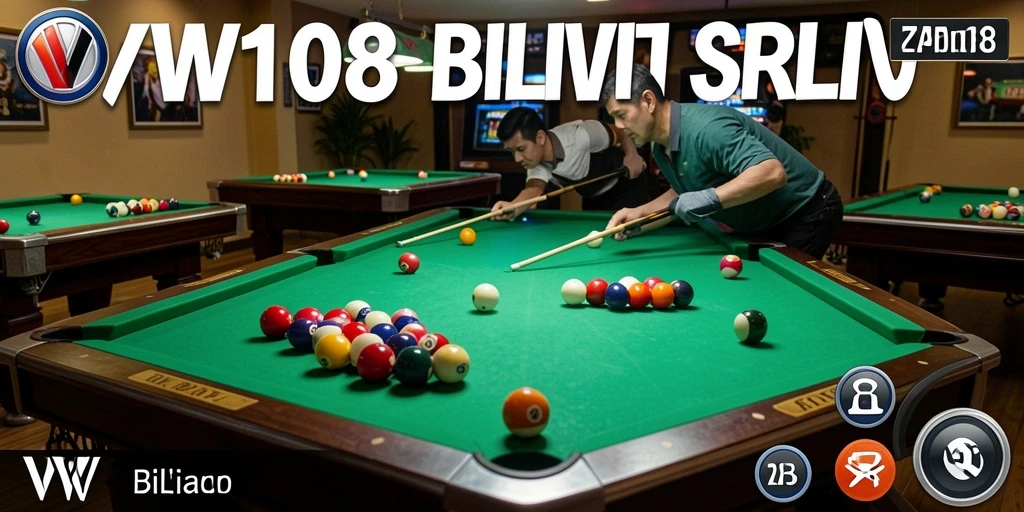 Screenshot VW108 menampilkan meja billiard dengan bola berwarna-warni dan antarmuka yang menarik.